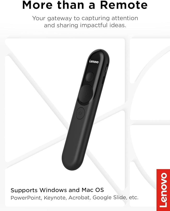 Lenovo Laser Rechargeable Presentation Remote, Bluetooth & USB, Digital & Laser Pointer, LCD Screen, Rechargeable Battery, 30M Range, Black, 500mm Cable Length