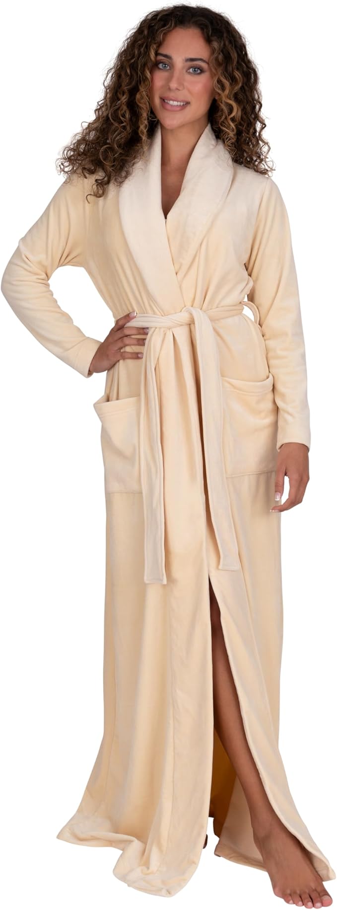 Be Relax Terry Velour Robe - Made of Polyester, Shawl Collar Robe with Belt & Side Pockets, Soft & Warm Bathrobe for Women