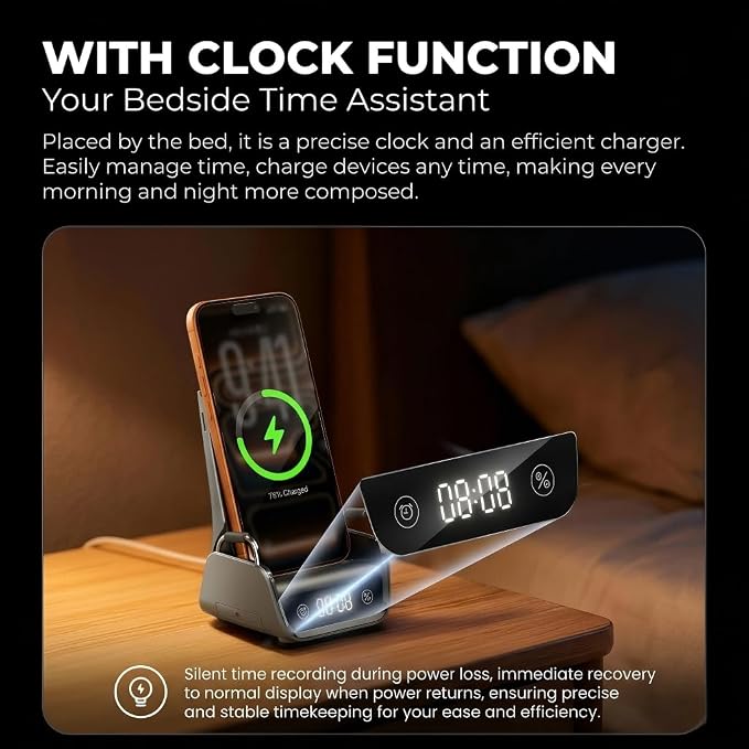4 in 1 Wireless Charging Stand with Digital Clock 22.5W Fast Wireless Charger Station for iPhone Apple Watch &amp AirPods