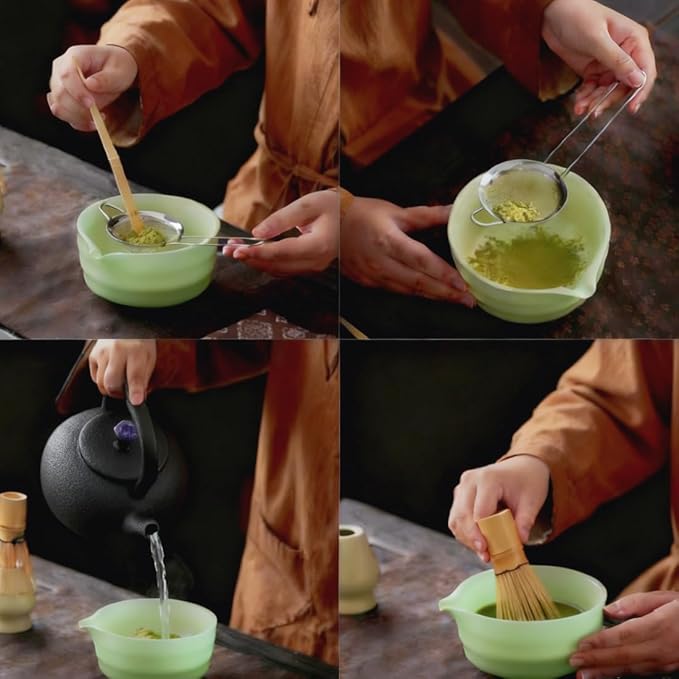 ZaH Matcha Whisk Set - Kit of 5pcs - Matcha Whisk and Bowl, Ceramics Whisk Holder, Bamboo Tea Scoop, Sifter (Glaze Navy)