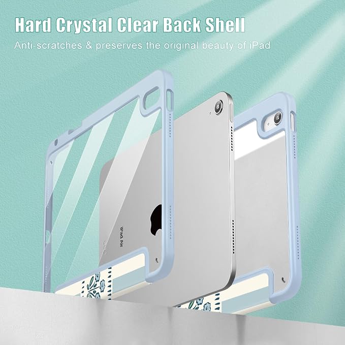 Mektron Case for 2026 iPad Air 11 inch M4 8th (M3 2025 7th /M2 2024 6th) Compatible with iPad Air 10.9 (2022 5th Gen /2020 4th Gen) Shockproof Clear Shell Blue Bows &amp Flowers