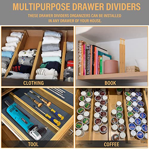Bamboo Drawer Dividers,Kitchen Drawer Dividers Adjustable,Expandable Drawer Dividers Organizer for Kitchen large Utensils, Dressers Bathroom,Clothes,Office,Drawer Organization Separators(17.7-22 in)