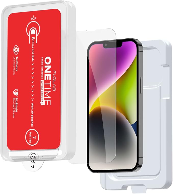 FLOLAB NanoArmour ONETIME Case Friendly for iPhone 14/13 / 13 Pro / 16e / 17e Screen Protector iPhone Tempered Glass - Durable Smooth as Butter Easy to Install Transparent