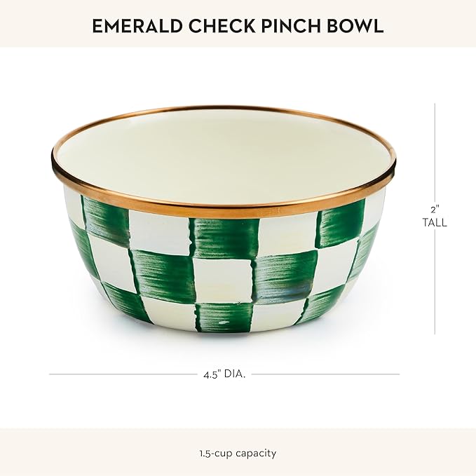 MACKENZIE-CHILDS Enamel Pinch Bowl, Small Bowl for Kitchen Ingredients, 1.5-Cup Capacity, Green-and-White Emerald Check