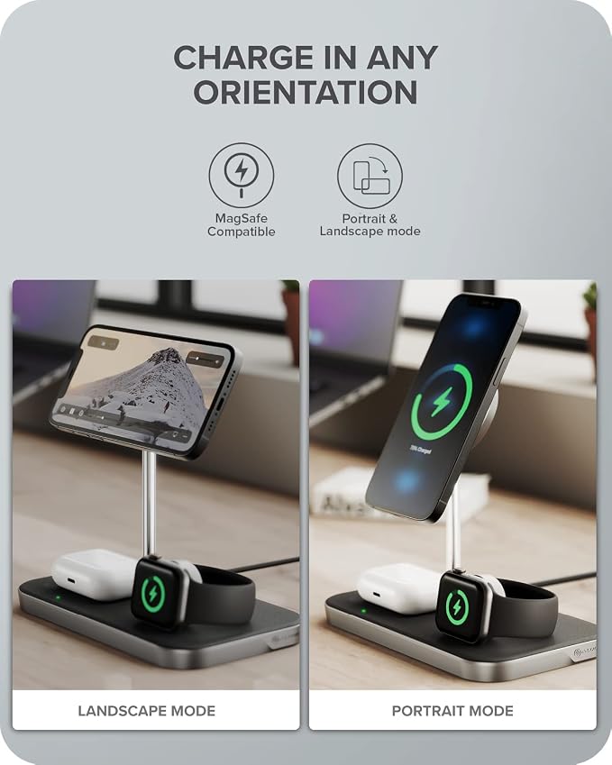 ALOGIC MagSpeed 3-in-1 Wireless Charging Station MagSafe Compatible Charger for iPhone 15/14/13/12 Series Apple Watch &amp AirPods Charging Case LED Indicator