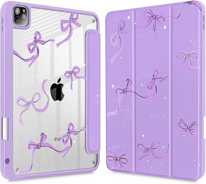 May Chen Case for iPad 12.9 Inch (6th/5th/4th/3rd Generation 2022/2021/2020/2018) Pencel Holder + Trifold Support Auto Sleep/Wake Transparent Shockproof Back Cover Blue Bows