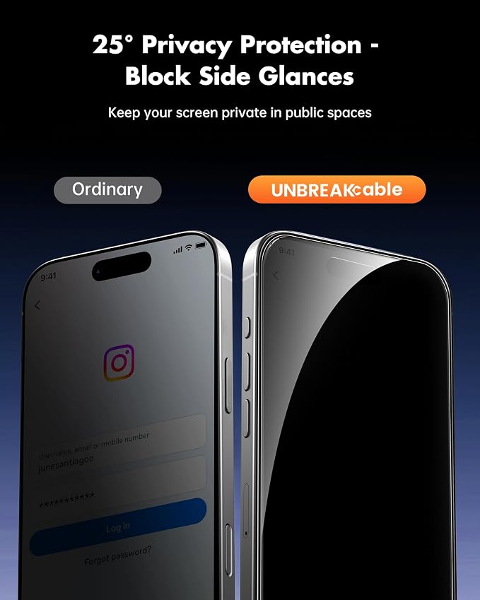 UNBREAKcable iPhone 15 Privacy Screen Protector 2-Pack Upgraded Dual-Tempered Glass + 2 Camera Lens Protectors 25° Anti-Spy Military-Grade 9H+ HD Clear Anti-Fingerprint 6.1 Inch