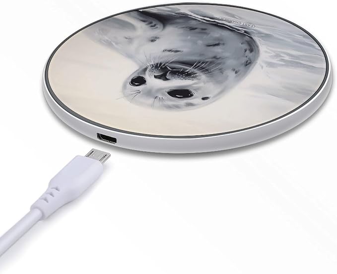 Harp Seal Painting Wireless Charger Aluminum Alloy Frame 10W Fast Charging Pad with Indicator Light 6mm Thin &amp Portable Wireless Charging Pad for Travel Home Office Desk