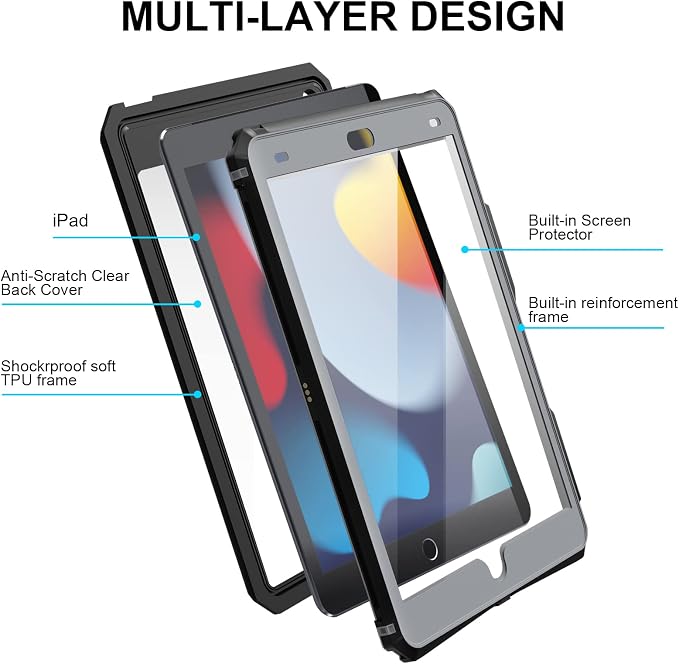 ipad 10.2 Waterproof Case 2021/2020/2019ACase iPad 7th/iPad 8th/iPad 9th Generation IP68 Waterproof ipad 10.2 Cover with Strap Stand Pencil Holde Built-in Screen Protector Rugged Shockproof Case