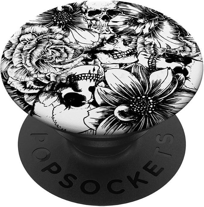 Black and White Floral Skulls PopSockets Adhesive PopGrip