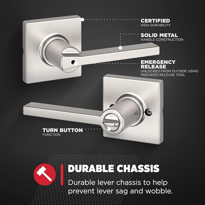 Kwikset Casey Hallway Passage and Bed/Bath Privacy Door Handle 6 Pack, 3 Passage Levers and 3 Privacy Levers, Satin Nickel Reversible Interior Handles with Microban Protection