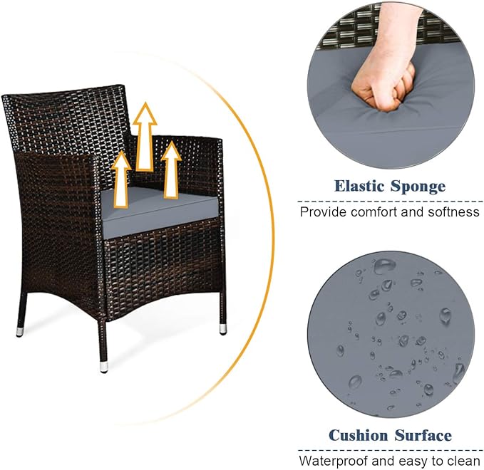 Tangkula 4 PCS Patio Rattan Conversation Set, Outdoor Wicker Furniture Set with Tempered Glass Coffee Table &Thick Cushion, Rattan Chair Wicker Set for Garden, Lawn, Poolside and Backyard (1, Gray)