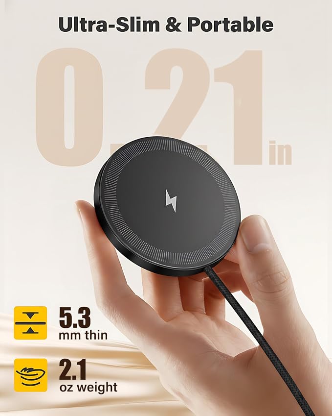 6FT Magnetic Wireless Charger Charging Pad - 15W Fast Mag-Safe Phone Charger for Apple iPhone 17 16 15 14 13 12 Series &amp AirPods 4 3 2 Pro Phone Charging Pad with Plug for Desk &amp Travel 1Pac