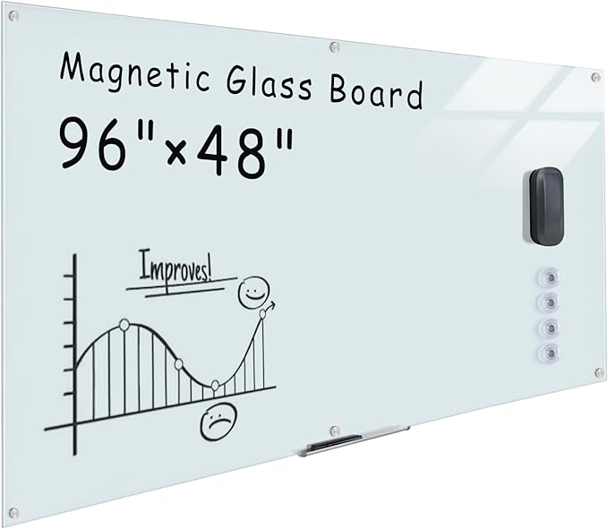 Mifuro Magnetic Glass Whiteboard，96"x48" Wall Mounted Frameless Dry Erase Board for Office, Home & School White