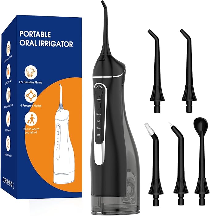 Water flossers for Teeth Pick, Portable Oral Irrigator Dental with 4 Modes 5 Jet Tips, IPX7 Rechargeable Water Tooth Flosser for Braces Sensitive Gum Care，300ml Tank for Home Travel Use