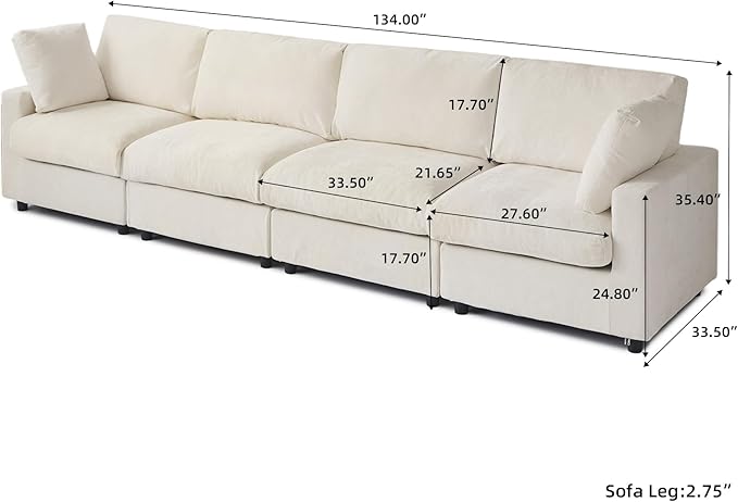 JACH 134" Sectional Couches for Living Room, 4-Seater Convertible Modular Sofa, Cloud Sectional Couch, Sofa Covers Washable, Minimalist Modern Couch for Living Room, Apartment, Beige