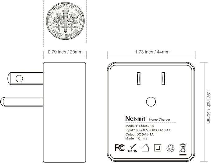 Nekmit Dual Port Ultra Thin Flat USB Wall Charger with Smart IC 2 Pack