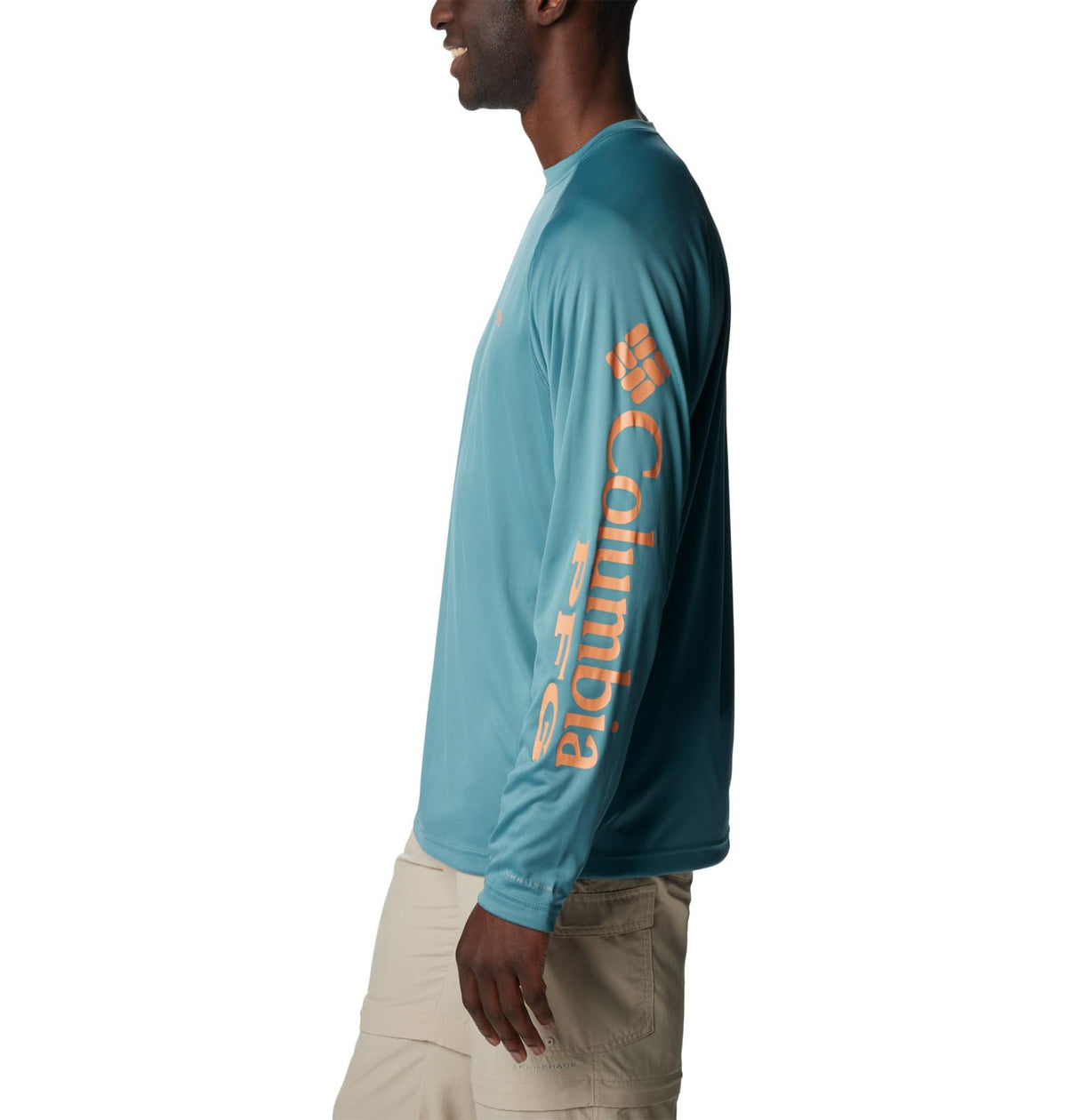 Columbia Men's Terminal Tackle Long Sleeve Fishing Shirt, Tranquil Teal/Orange Reef Logo, X-Small