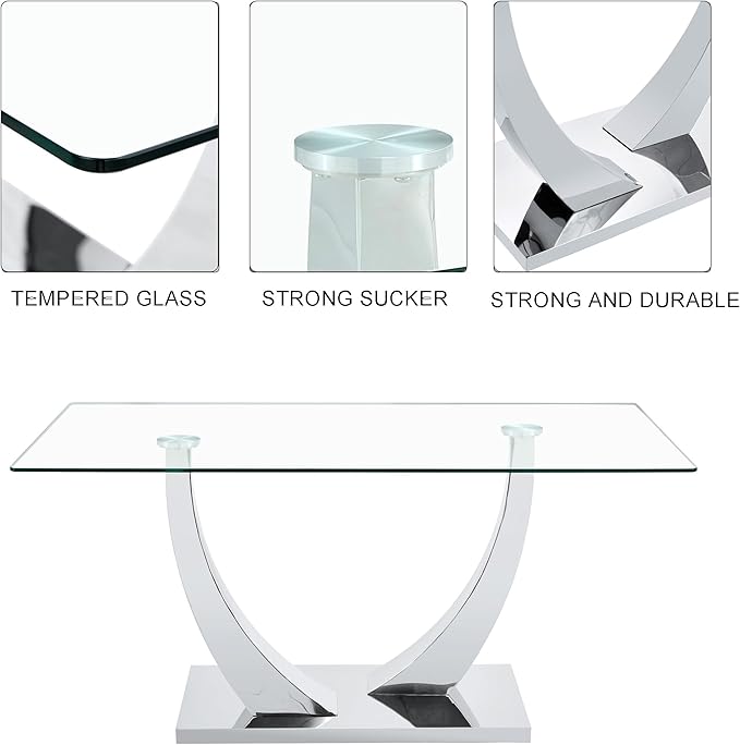 AZmac 63” Glass Dining Room Table Set for 4, Modern Kitchen Table and Chairs Set of 4, Dining Sets with Rectangular Tempered Glass and Sturdy Silver Chrome Base, for Kitchen Home