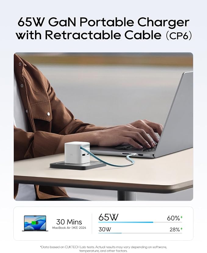 CUKTECH CP6 65W GaN USB C Charger with Built-in Retractable Cable (2.3ft) 2-Port Fast Charging Wall Power Adapter for iPhone 17/16/15 Galaxy S26/S25/S24 Pixel 10/9 MacBook Pro/Air iPad AirPods