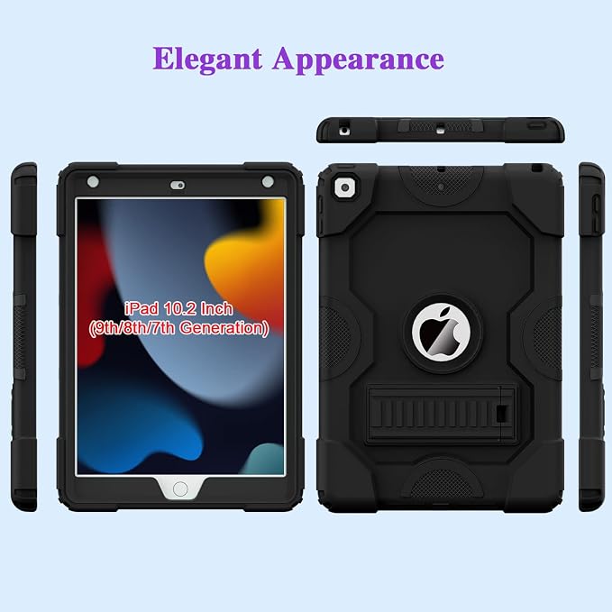 ZoneFoker for iPad 9th Generation Case iPad 8th 7th Generation Case iPad 10.2 Inch 2021/2020/2019 Case Heavy Duty Rugged Shockproof Protective Cover with Kickstand Black