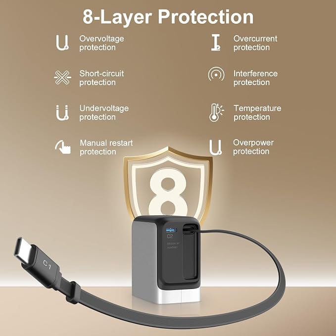 Retractable Charger 45W USB-C Charger GaN Fast Charger with 2.26ft Retractable Cable for iPhone 17/16/15/14/13 Series Galaxy S26/S25/24 Ultra Pixel iPad Space Silver