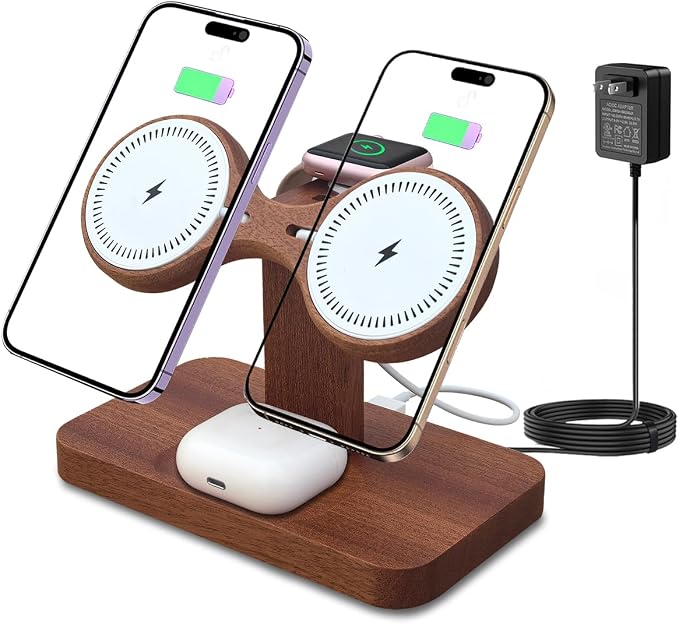 3 in 1 Wireless Charging Station for Apple Devices 24W Dual Phone Charging Station for 2 iPhone 17 16 15 14 13 12 Series iWatch 11 10 9 8 7 6 5 4 AirPod Magnetic Wireless Phone Charger Stand