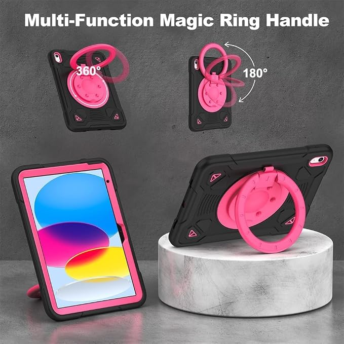 Case for iPad A16 11th / 10th Gen 10.9-Inch 360° Rotating Kickstand | Kids Shockproof Protective Cover with Handle Shoulder Strap &amp Pencil Holder Durable Silicone Case for Girls Black