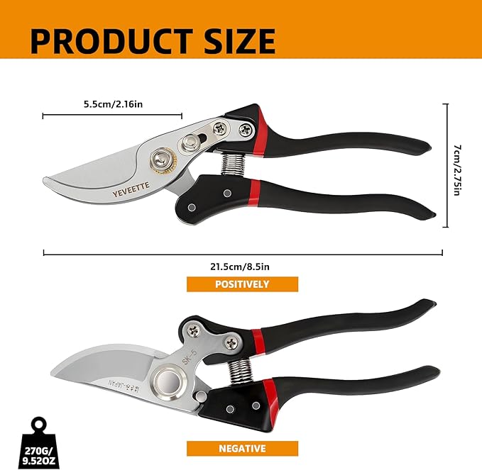 Pruning Shears, 8.5" Professional Garden Shears, SK5 Steel Hedge Clippers, Garden Clippers Handheld, Heavy Duty Garden Scissors Tools, Pruning Shears for Gardening Yard Roadside