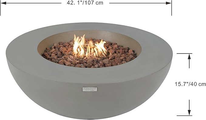 Elementi | Bundle Lunar Gas Fire Pit Cast Concrete 42" Round Fire Table, Outdoor Fire Pit Electronic Ignition | Canvas Cover, Lava Rock Included | Light Gray (Propane Gas)