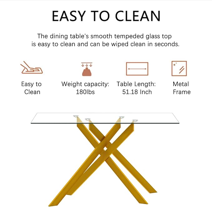 51" Rectangular Glass Dining Room Table for 4 with Tempered Glass Top and Gold Metal Legs, Modern Clear Kitchen and Dinner Table for Home Office Dining Room
