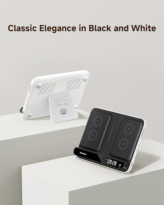 Dual Phone Foldable Wireless Charging Station for iPhone Galaxy Pixel | Dual phone charging Foldable portable stand Dimmable clock Case friendly Raised charging area flat mode for earbuds 504