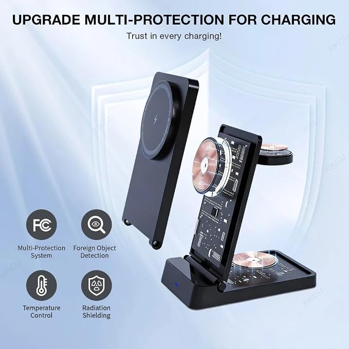 for Magsafe 3 in 1 Magnetic Wireless Charger for iPhone 17 16 15 14 13 12 Apple Watch Airpods Pro Foldable Fast Charging Station (Black)