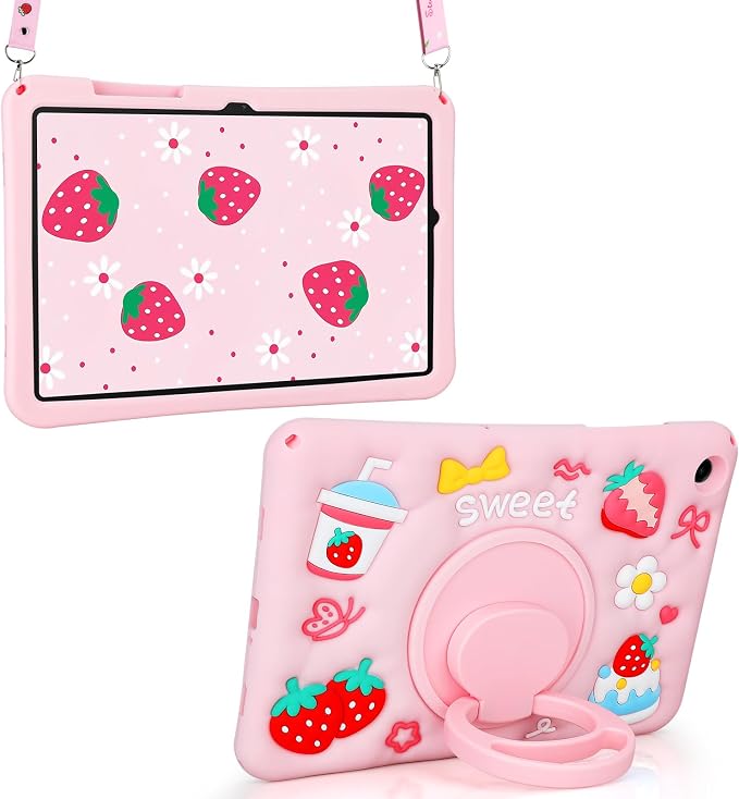 VOFUOE for Samsung Galaxy Tab A11 Plus Case 2025 Galaxy Tab A9 Plus Case 2023 11 Inch for Kids Girls with Shoulder Straps Rotating Stand Strawberry Yogurt Cake Soft Silicone Protective Cover-Pink