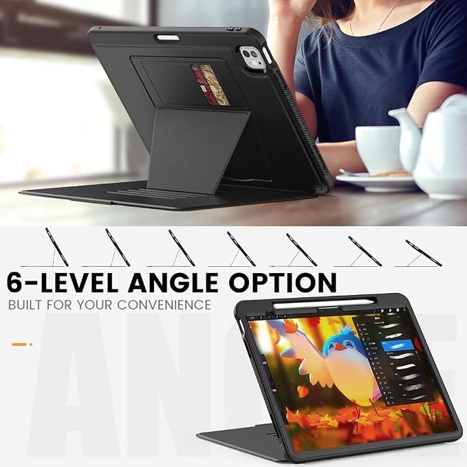 for iPad Pro 11 inch Protective Case M5 2025/M4 2024: Heavy Duty Shockproof Case with Pencil Holder - 360°Rotating Handle/Stand - Screen Protector - Shoulder Strap Black/Sky Blue