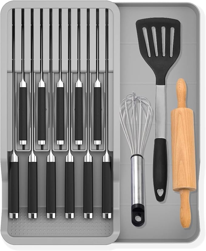 Mulikeer Expandable Drawer Knife Insert Organizer - Plastic Knife Storage Tray for Kitchen Drawers, Adjustable to Fit 11 Knives & Utensils, BPA-Free, Ventilated, Space-Saving, Easy to Clean