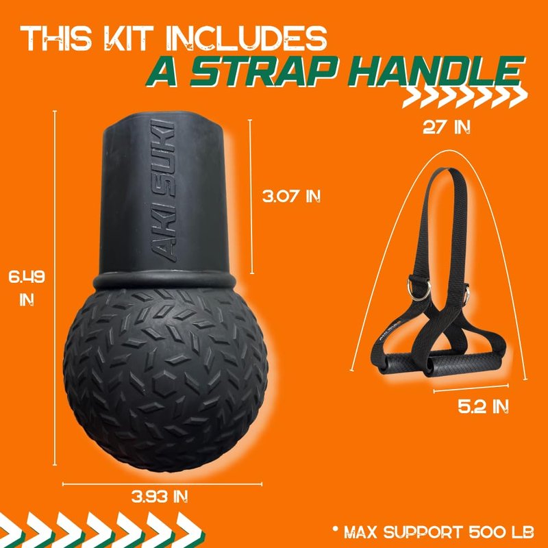 Aki Suki Landmine Attachment for Barbell, with Portable Strap Handle Accessory, Barbell Ball for Press Row Spin Split Squats, Durable Rubber Landmine Bomb Attachment, Fits 2 Inch Olympic Bars