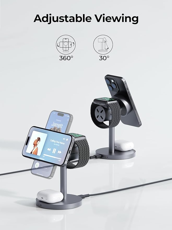 MagFusion 3-in-1 Charging Station Compatible with MagSafe, Qi2 Certified 15W Magnetic Wireless Charger Stand, for iPhone 16/15/14/13/12 Series, Apple Watch, AirPods(30W PD Charger Included)