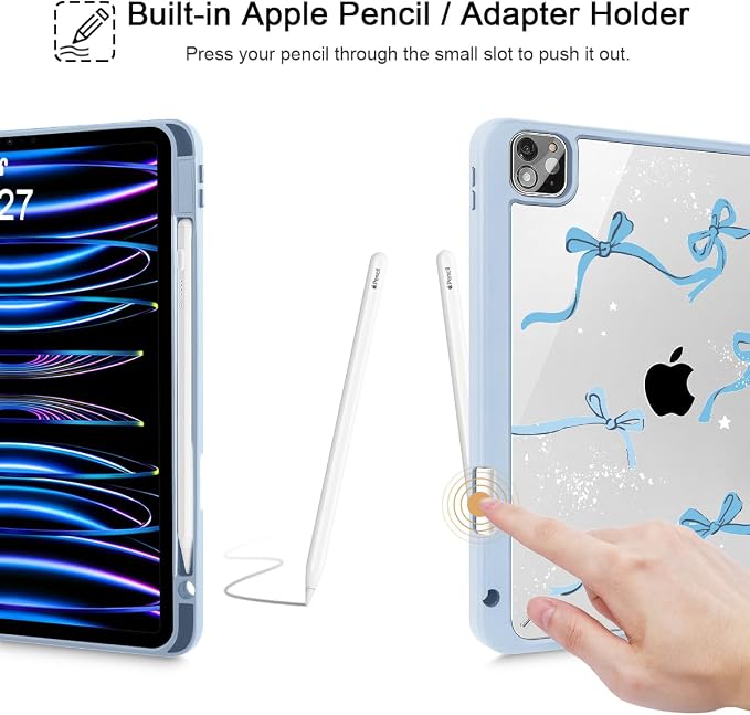 Tuiklol for iPad Pro 11 Inch 4th / 3rd / 2nd / 1st Gen (2022 2021 2020 2018) Case -Built-in Pencil Holder Shockproof Cover Clear Transparent Back Shell with Auto Wake/Sleep Black Flower