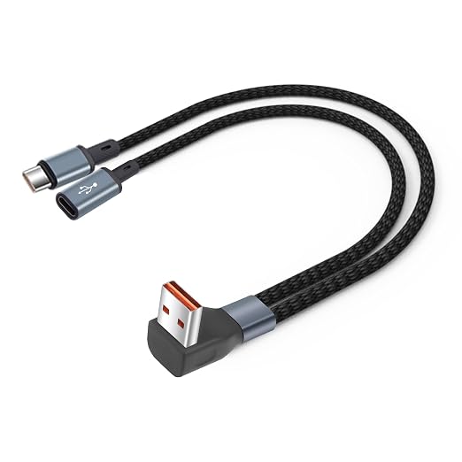 90-Degree USB to Dual Type C Splitter Cable USB-A Splitter Extension Cable with Type C Male and Female Connector 1 in 2 Out for Phone15/16LaptopTabletPower BankCar 20cm/0.65ft