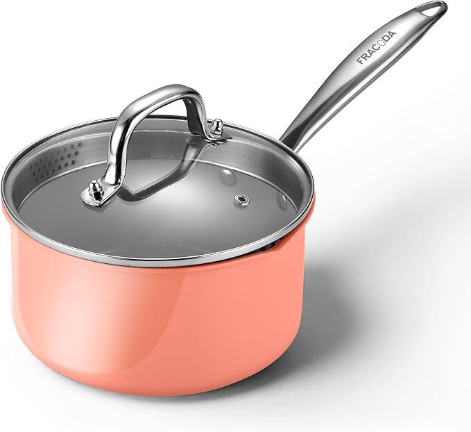 Fracoda 3.0 Quart Stainless Steel Pot Saucepan with Glass Strainer Lid, Sauce Pot with Two Side Spouts, Induction Cooking Pot, Multipurpose Sauce Pan with Lid for Cooking