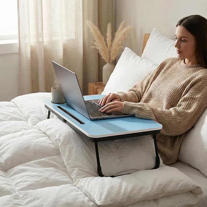 BUYIFY Foldable Laptop Bed Desk for Couch, Sofa - Large Lap Desk Tray Table with Cup Holder and Tablet Slot - Portable Notebook Stand for Eating, Writing, Studying and WFH (Blue)