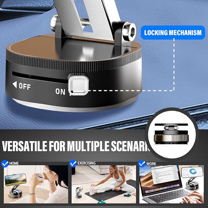 360° Adjustable Vacuum Magnetic Phone Holder, Foldable Magnetic Car Phone Holder for Your Car, Hands-Free Suction Cup Phone Mount for Car/Gym/Mirror/Smooth Surface for iPhone & Android (Black)