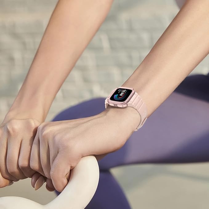 FINTIE Bands with Case Compatible with Fitbit Versa 4/3/2/1/Versa Lite/Fitbit Sense 2/Sense, Protective Case Strap Rugged Sport Band Men, Pink Sand