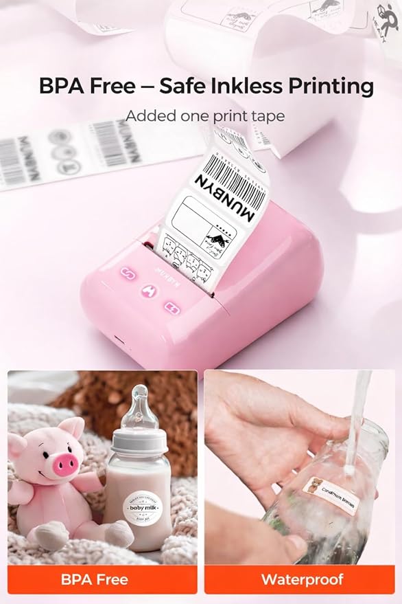 MUNBYN 5-in-1 Label Maker Machine – Bluetooth Thermal Label Printer for Stickers & Barcodes, App-Connected, Multiple Templates, No Subscription, Portable for Small Business, Home&Crafts, Pink