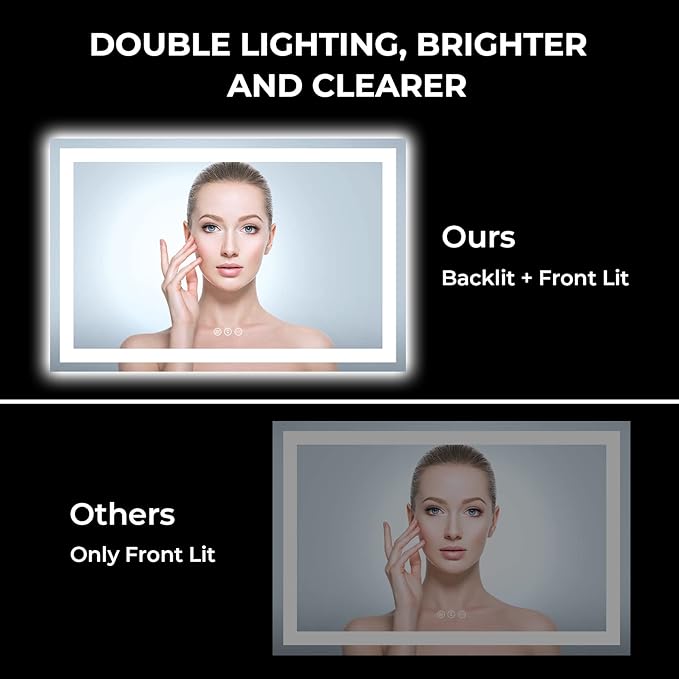 YEELAIT 55x36 Inch LED Bathroom Mirror with Lights Front and Backlit Lighted Vanity Mirror for Bathroom Wall with 3 Colors Dimmable Anti-Fog Memory Shatter-Proof IP54 Waterproof Horizontal/Vertical