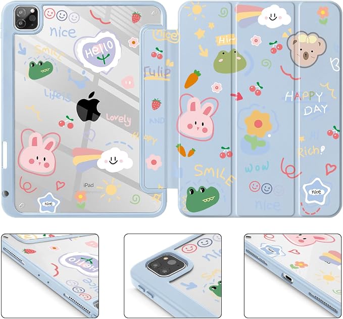 May Chen Case for iPad 12.9 Inch (6th/5th/4th/3rd Generation 2022/2021/2020/2018) Pencel Holder + Trifold Support Auto Sleep/Wake Transparent Shockproof Back Cover Blue Bows