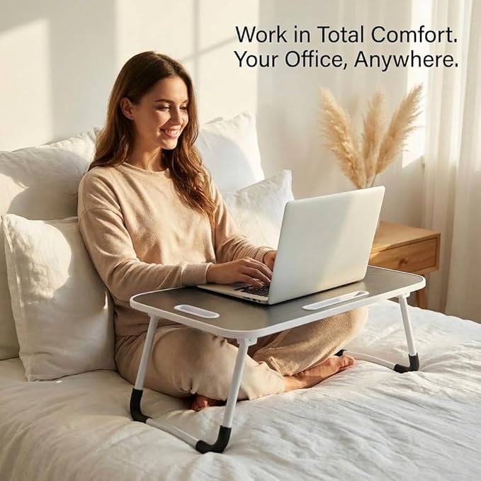 BUYIFY Folding Lap Desk, 23 Inch Portable Wood Black Laptop Bed Desk Lap Desk with Cup Holder, for Working Reading Writing, Eating, Watching Movies for Bed Sofa Couch Floor