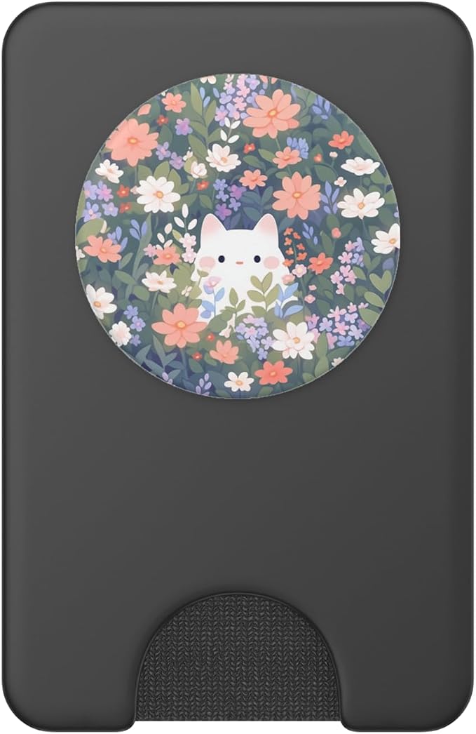 Cute White Cat Hiding in Spring Flowers Botanical Floral PopSockets Adhesive PopGrip