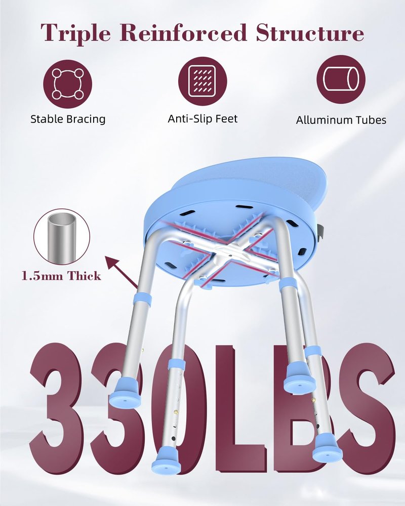 Fvzzin Swivel Shower Chair with Back, 360° Height Adjustable Shower Stool, Compact Space-Saving Design for Small Showers, Non-Slip Bathroom Chair for Seniors & Elderly (Blue)